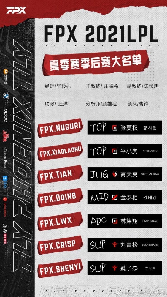 FPX公布季后赛大名单xiaolaohuShenyi上调至一队